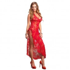 Leg Avenue 2 Piece Rose Lace Long Dress With Lace Side Red